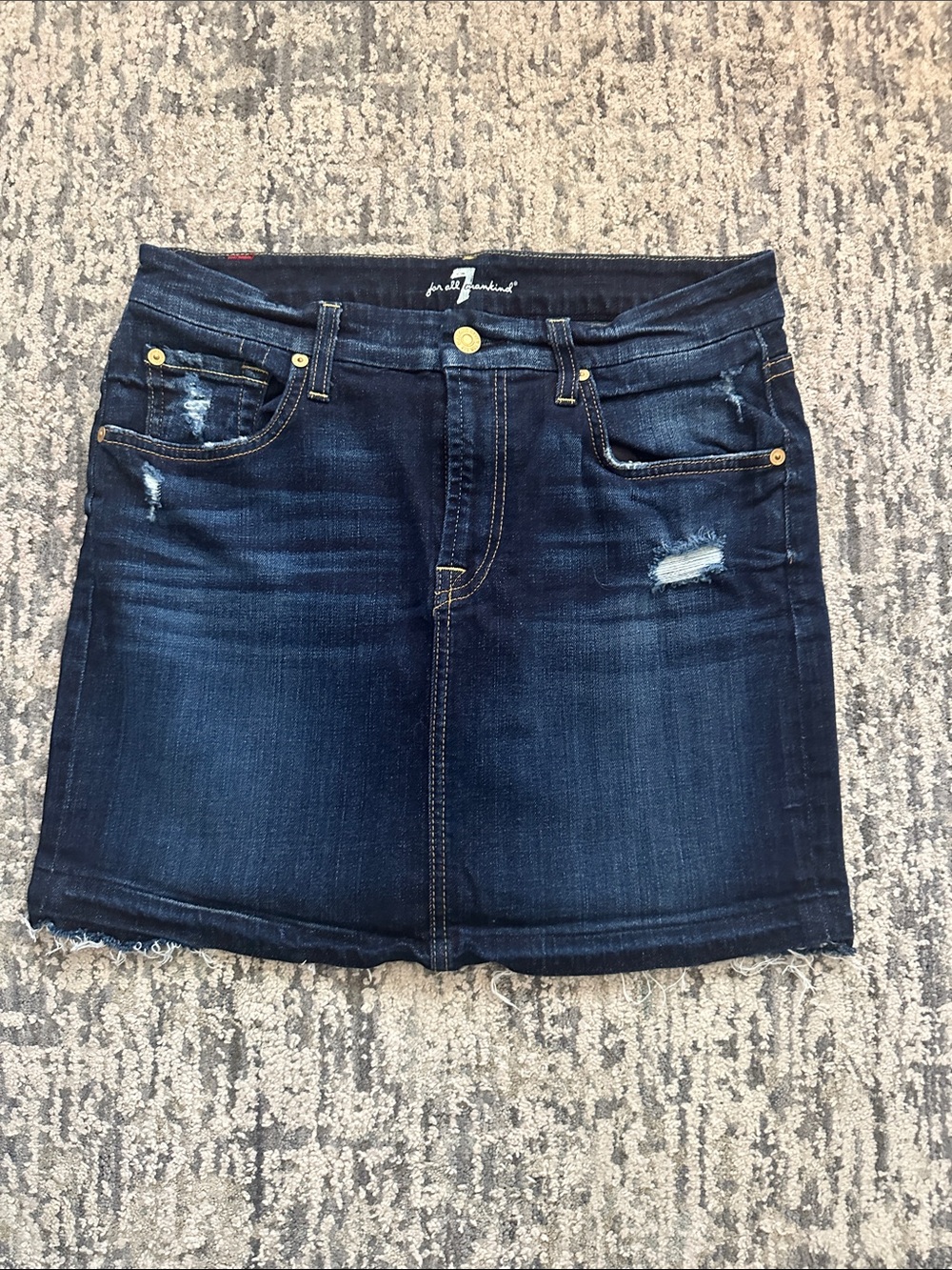 7 For All Mankind Dark Indigo Distressed Denim Mini Skirt